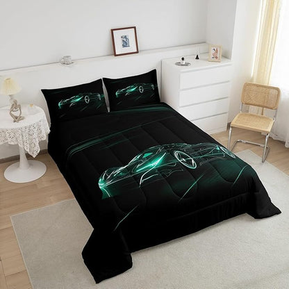 Feelyou Teal Race Car Bedding Set Twin Size for Kids Boys Extreme Sport Games Comforter Set Teens Toddler Fast and Furious Duvet Set Cool Modern Quilt Set 2Pcs