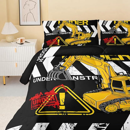 Excavator Comforter Twin Size,Construction Truck Comforter Set for Kids Teens Boys Girls,3Pcs Bedding Set Printed Comforter with 2 Pillowcases,Soft and Lightweight(Black，Twin Size)