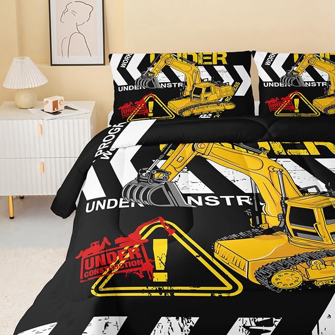 Excavator Comforter Queen Size,Construction Truck Comforter Set for Kids Teens Boys Girls,3Pcs Bedding Set Printed Comforter with 2 Pillowcases,Soft and Lightweight(Black，Queen Size)
