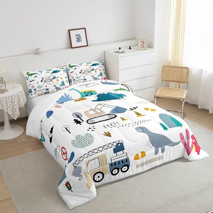 Kids Tractor Comforter Set Queen Size, Cartoon Dino Bedding For Boys, Machinery Trucks Construction Vehicle Cartoon Dinosaurs Bedding Comforter Sets, Cute Wild Animal Equipment Quilt, Blue Gray Green
