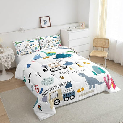 Kids Tractor Comforter Set Queen Size, Cartoon Dino Bedding For Boys, Machinery Trucks Construction Vehicle Cartoon Dinosaurs Bedding Comforter Sets, Cute Wild Animal Equipment Quilt, Blue Gray Green