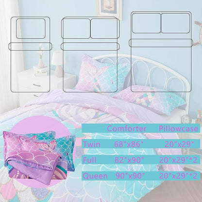 Full Size Comforter Sets for Girls Mermaid Tail Rainbow Scales Bedding Set 3 Pieces Full Comforter with 2 Pillowcases for Kids, Teenagers