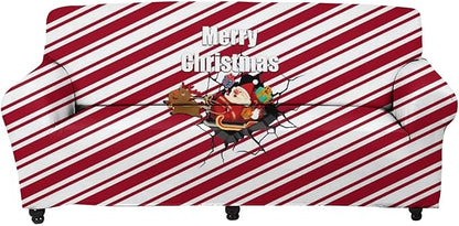 FKELYI Merry Christmas Sofa Cover Slipcover Red Santa Claus Reindeer Print Super Soft Sofa Couch Cover Durable Anti-Slip Furniture Protector-L