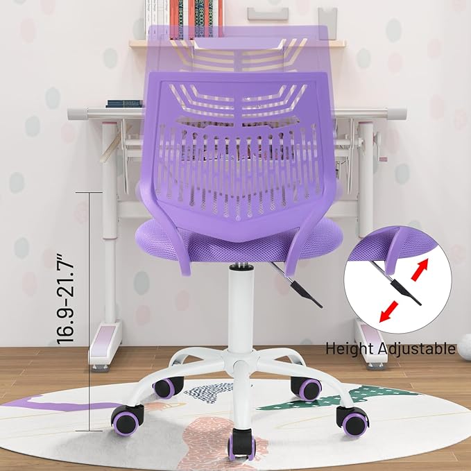 Kids Desk Chair, Armless Home Office Task Chair with Mesh Padded Cushion, Swivel Study Computer Chair with Rolling Wheels for Children Student, Purple