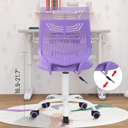 Kids Desk Chair, Armless Home Office Task Chair with Mesh Padded Cushion, Swivel Study Computer Chair with Rolling Wheels for Children Student, Purple