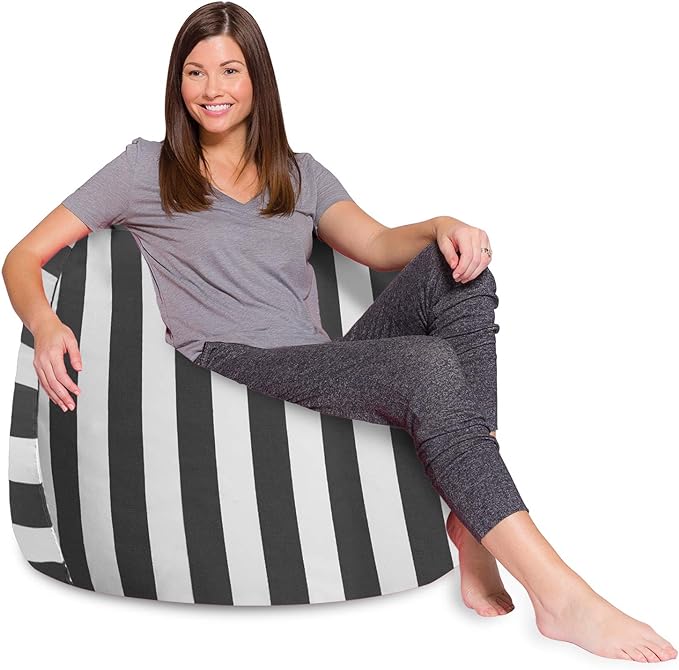Posh Creations Bean Bag Chair for Kids, Teens, and Adults Includes Removable and Machine Washable Cover, Canvas Stripes Gray and White, 48in - X-Large