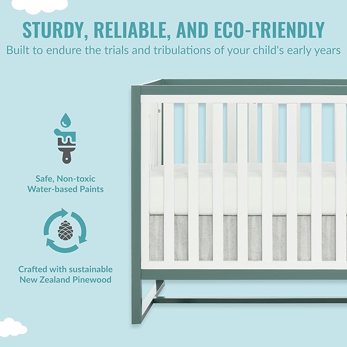 Arlo 5-in-1 Convertible Crib in Jungle Green, JPMA Certified, 3 Mattress Height Settings, Non-Toxic Finish, Made of Sustainable and Sturdy Pinewood