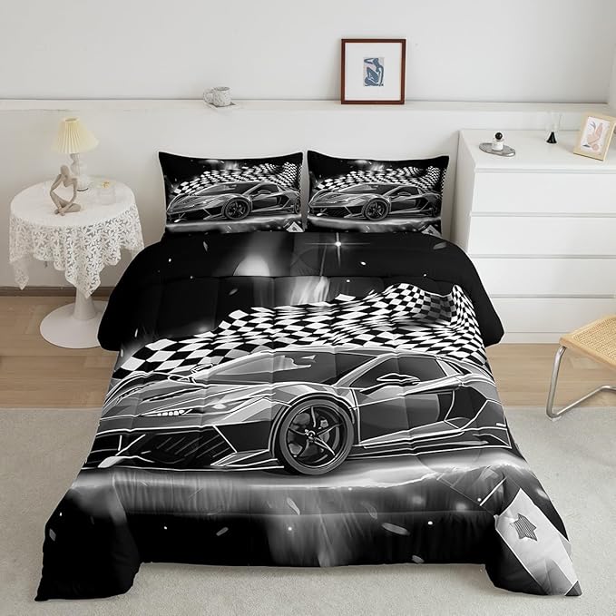Feelyou Racing Car Comforter Set, Cool Speed Race Car Down Comforter Twin for Kids Boys Girls Teens Bedroom, Automobile Extreme Sport Bedding Set Plaid Checkered Duvet Sets with 1 Pillowcase,Grey