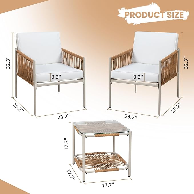 Shintenchi 3 Piece Wicker Patio Furniture Set, Outdoor Furniture Rattan Conversation Set with Two Single Chairs and Coffee Table for Backyard, Balcony, Poolside