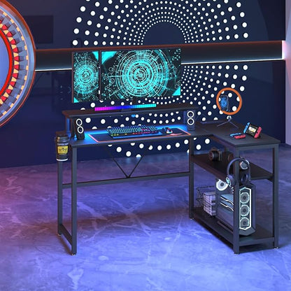L Shaped Gaming Desk with Power Outlets & LED Strip Lights,Computer desk with Large Monitor Stand,Corner Desk with Storage Shelf,Headphone Hook&Cup Holder for Home Office