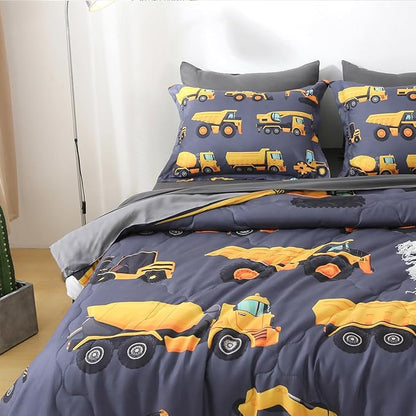Wajade 7 Piece Construction Truck Kids Comforter Set for Boys Twin Size 3D Vehicles Excavator Cars Bedding Set for Kids Teens(1 Comforter, 1 Flat Sheet, 1 Fitted Sheet, 2 Pillowcase and 2 Pillow Sham)