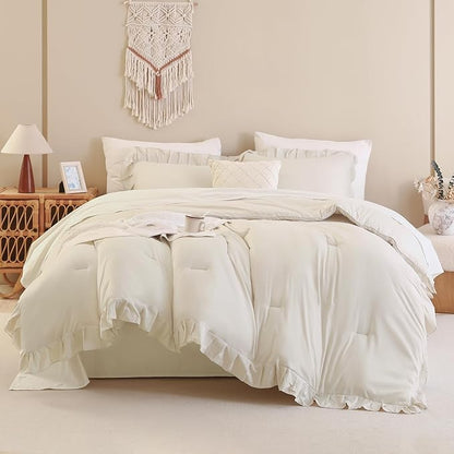 Andency Beige Cream California King Size Comforter Set, 3 Pieces Shabby Chic Ruffle Bedding Comforter Sets for Men Women, Soft Cozy Lightweight Fluffy Down Alternative Decorative Bed Set