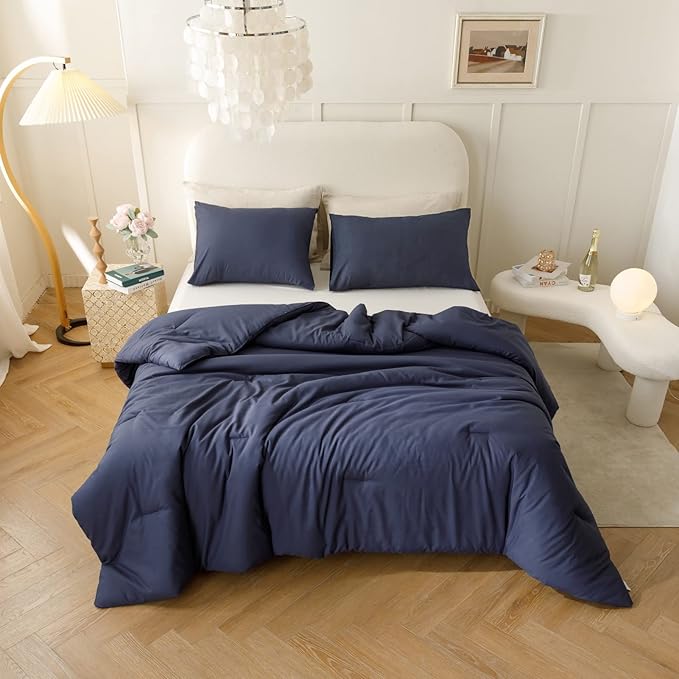 ROSGONIA Comforter Full Size for Boys Teen Girls Navy Blue, 3pcs (1 Blue Comforter & 2 Pillowcases), Lightweight Dorm Bedding Soft All Season Bed Set