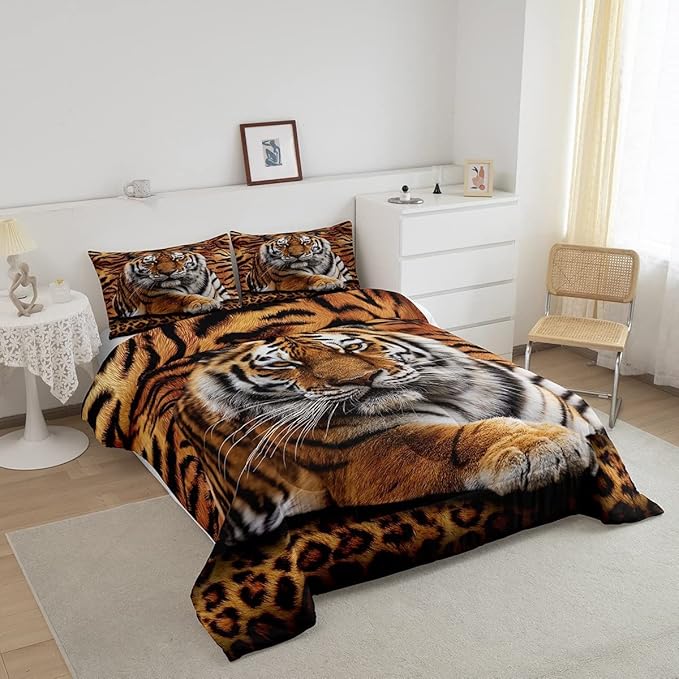 Tiger 3D Print Comforter Set King Size,Wild Animals Bedding Set 3pcs for Kids Teens Adults Bedroom Decor,Abstract Animal Fur Quilt Set Soft Breathable Duvet Insert with 2 Pillowcases,Brown Rustic