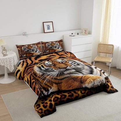Tiger 3D Print Comforter Set King Size,Wild Animals Bedding Set 3pcs for Kids Teens Adults Bedroom Decor,Abstract Animal Fur Quilt Set Soft Breathable Duvet Insert with 2 Pillowcases,Brown Rustic