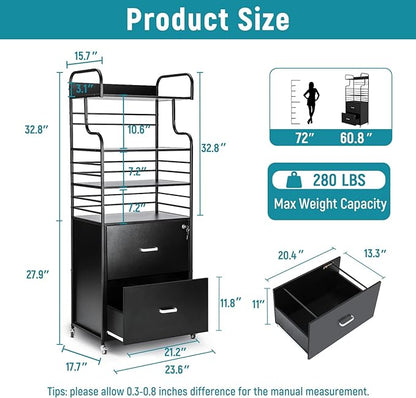 Vertical File Cabinet, 2 Drawer Mobile Filing Cabinet with 3 Bookshelf, Printer Stand with Open Storage Shelves Fits A4/Letter/Legal Size File Cabinets for Home Office Organizer, Black