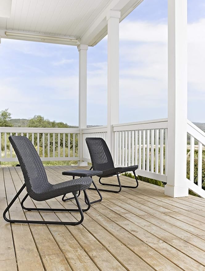 Keter Rio 3 Piece Resin Wicker Patio Furniture Set with Side Table and Outdoor Chairs, Dark Grey