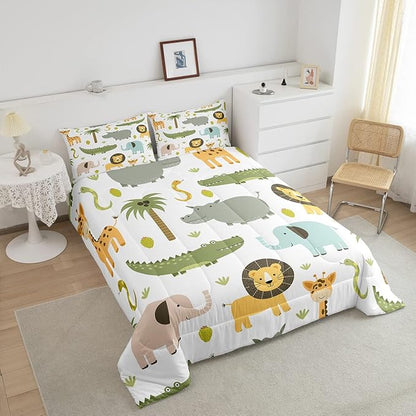 Feelyou Wild Animals Comforter Set Safari Animals Print Comforter for Boys Girls Teens Cute Hippo Crocodile Lion Bedding Set Kids Cartoon Elephant Giraffe Duvet Set Room Decor Quilt Set Queen Size