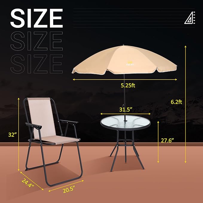 Nice C Outdoor Dining Sets, Patio Furniture Set, 8 Piece Set with Umbrella, Garden Outdoor Furniture Table Set with Tilted Removable Umbrella, Glass Table, and 6 Folding Chairs (Beige-6 Piece)