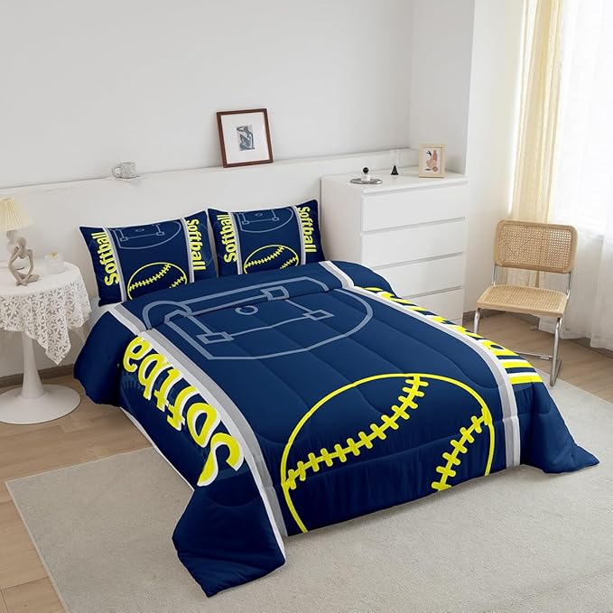 Feelyou Kids Softball Comforter Set Full Size Sports Game Bedding Set for Boys Girls Teens Bedroom Decor Baseball Comforter Softball Gaming Theme Duvet Set with 2 Pillow Case