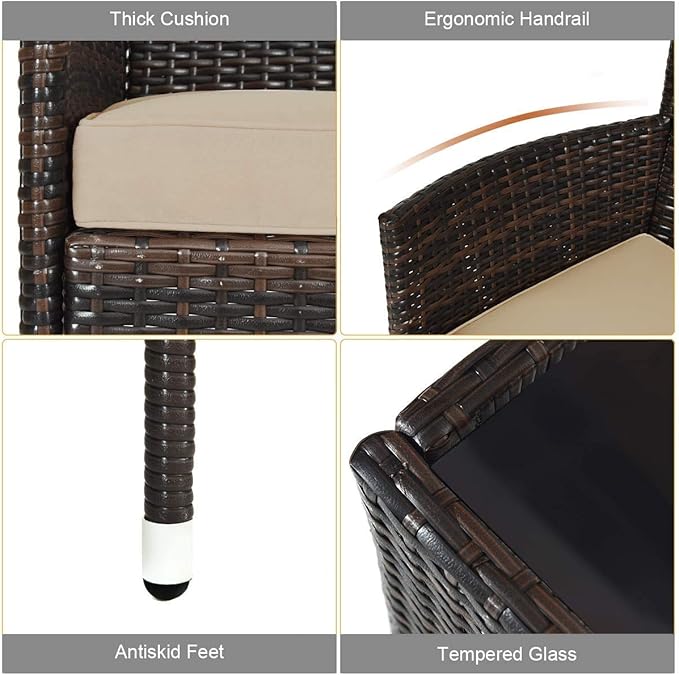 LUARANE 4-Piece Rattan Patio Furniture Set, Outdoor Wicker Sofa Couch Table Set, w/Thick Seat Cushions Tempered Glass Coffee Table, Conversation Set for Lawn Garden Poolside Backyard (Brown)