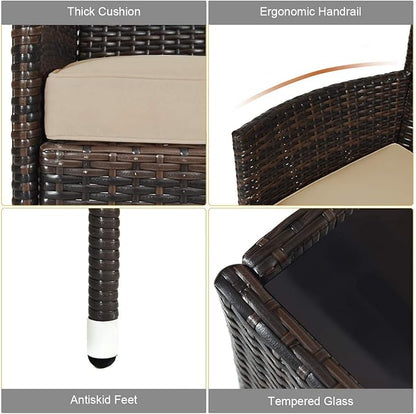 LUARANE 4-Piece Rattan Patio Furniture Set, Outdoor Wicker Sofa Couch Table Set, w/Thick Seat Cushions Tempered Glass Coffee Table, Conversation Set for Lawn Garden Poolside Backyard (Brown)