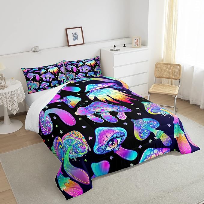 Mushroom Comforter Set Queen,Kawaii Trippy Botanical Bedding Set Psychedelic Plant Down Comforter For Kids Girls Teens Women Cartoon Cute Mushroom Room Decor Quilt Duvet Set With 2 Pillow Cases Black