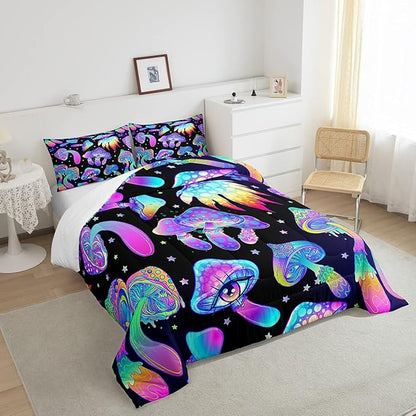 Mushroom Comforter Set Queen,Kawaii Trippy Botanical Bedding Set Psychedelic Plant Down Comforter For Kids Girls Teens Women Cartoon Cute Mushroom Room Decor Quilt Duvet Set With 2 Pillow Cases Black