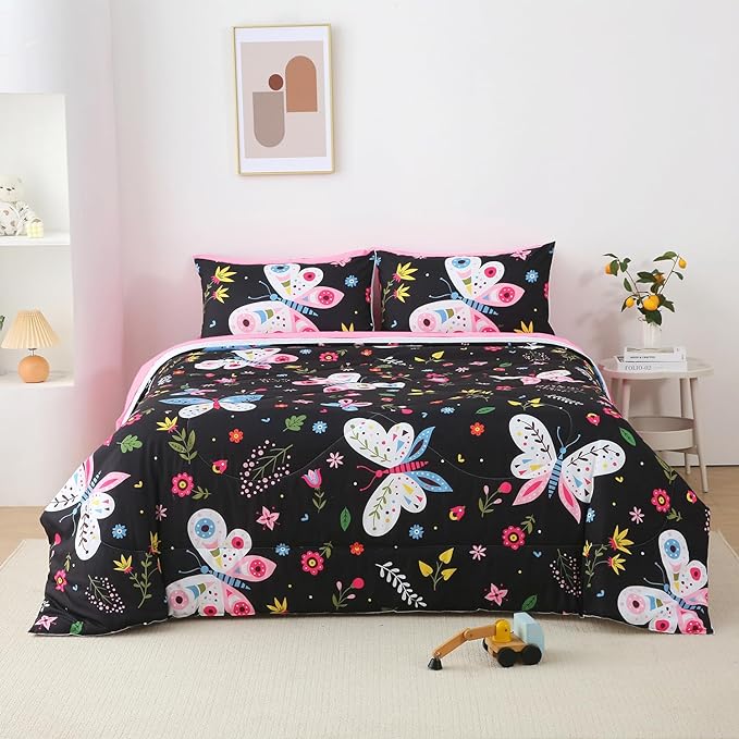 Kids Butterfly Comforter Set Full Size for Girls Black 7 Piece Bed in A Bag Colorful Flowers Leaves Bedding Set for Teens Super Soft All Season