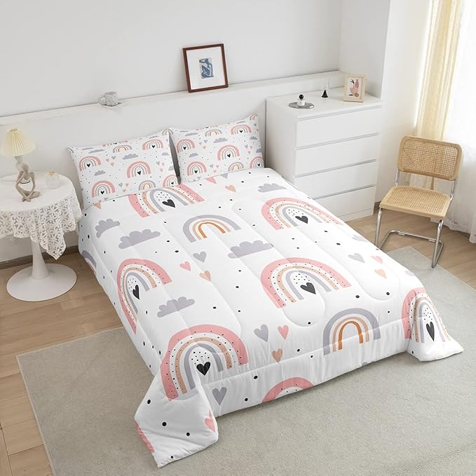 Rainbow Queen Bedding Sets For Girls, Kawaii Cloud Comforter Set 3 Pieces With 2 Pillow Cases, Pink Love Heart Down Comforter For Kids Boys Women Adult, Hand Drawn Cartoon Rainbow Duvet Insert