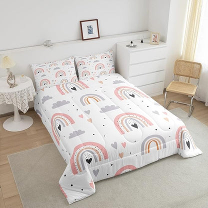 Rainbow King Bedding Sets For Girls, Kawaii Cloud Comforter Set 3 Pieces With 2 Pillow Cases, Pink Love Heart Down Comforter For Kids Boys Women Adult, Hand Drawn Cartoon Rainbow Duvet Insert