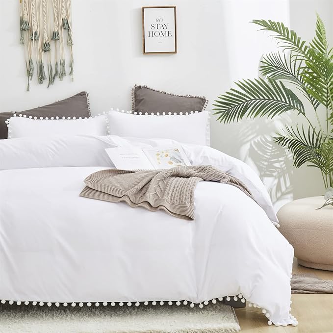White Twin Comforter Girls Pom Comforter White Twin Bedding Set Boys 3 PCs Soft White Ball Pom Fringe Comforter Set 1 Twin Comforter (68x90 inches) with 2 Pillowcases (20x26 inches)