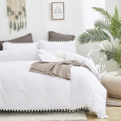 White Twin Comforter Girls Pom Comforter White Twin Bedding Set Boys 3 PCs Soft White Ball Pom Fringe Comforter Set 1 Twin Comforter (68x90 inches) with 2 Pillowcases (20x26 inches)