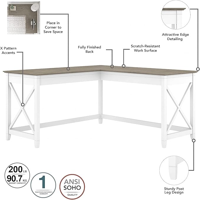 Bush Furniture Key West 60W L Shaped Desk with 2 Drawer Mobile File Cabinet in Pure White and Shiplap Gray