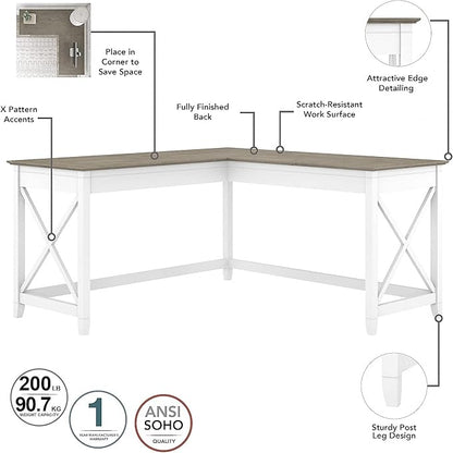 Bush Furniture Key West 60W L Shaped Desk with 2 Drawer Mobile File Cabinet in Pure White and Shiplap Gray
