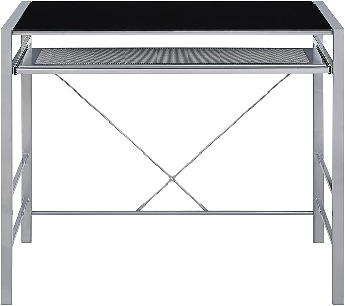 OSP Home Furnishings Zephyr Computer Desk with Keyboard Shelf and Tempered Glass Top, Black Glass and Silver Frame