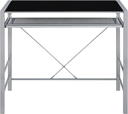 OSP Home Furnishings Zephyr Computer Desk with Keyboard Shelf and Tempered Glass Top, Black Glass and Silver Frame