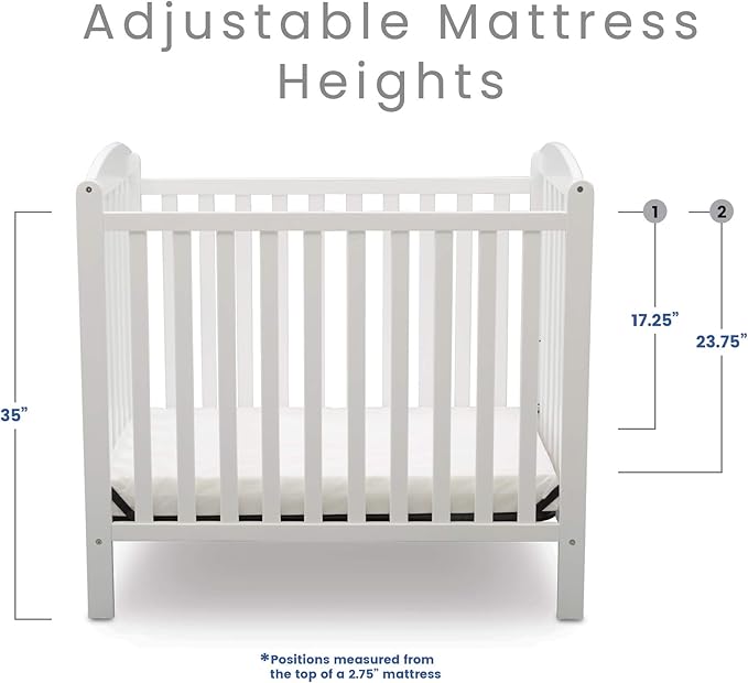Delta Children Emery Mini Convertible Baby Crib with 2.75-inch Mattress, Bianca White