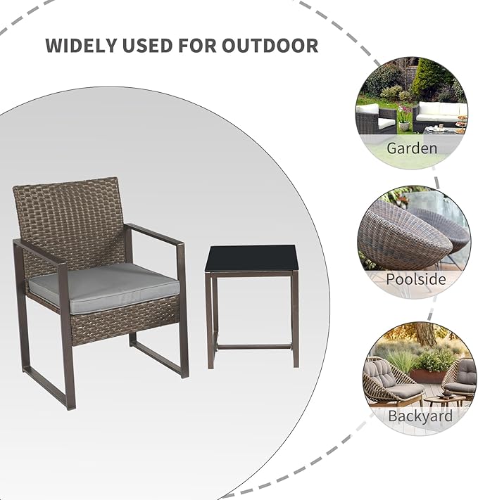 3 Pieces Patio Furniture Set Outdoor Wicker Bistro set Rattan Chair Conversation Sets with Coffee Table for Porch, Balcony,Garden,Backyard and Removable Cushions Grey