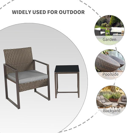 3 Pieces Patio Furniture Set Outdoor Wicker Bistro set Rattan Chair Conversation Sets with Coffee Table for Porch, Balcony,Garden,Backyard and Removable Cushions Grey