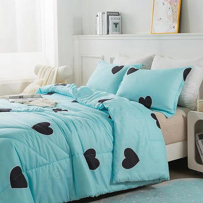 Love Pattern Girls Comforter Set Queen Size, Sky Blue Cute Love Heart Print Comforter Bedding Set for All Seasons, Geometric Soft Microfiber 3 Pieces Comforter Set with Pillowcases