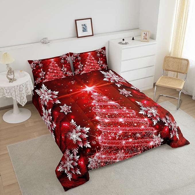 Feelyou Christmas Tree Comforter Set for Children Kids Boys Girls Luxury Chic Xmas Theme Bedding Set Glitter Snowflake Star Comforter Microfiber Red Duvet Set Room Decor Quilt Set Queen Size