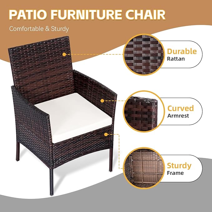 Patio Set 3 Piece Outdoor Rattan Porch Furniture with Tempered Glass Side Table & Cushion All Weather Conversation Bistro Set for Balcony,Deck,Porch (Brown/Beige)