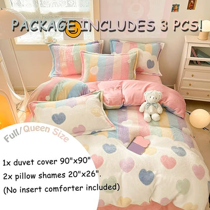 MorroMorn Pink Duvet Cover Queen, Rainbow Bedding Sets, Fluffy Comforter Covers Set, Down Alternative Blanket Ultra Soft Kawaii Cute for Girls Kids Teen Women Full Double Size