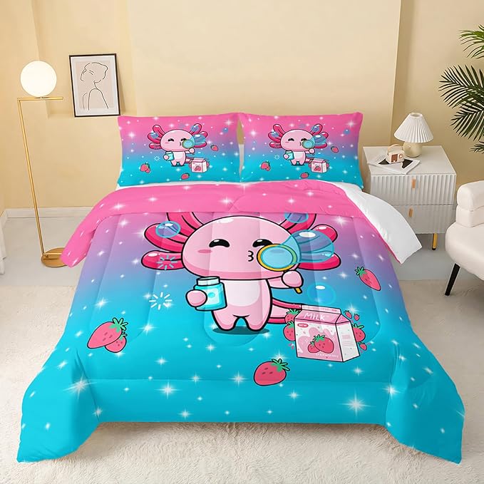 Kawaii Axolotl Comforter,Pink Salamander Comforter Set for Kids Teens Girls,3Pcs Bedding Set Printed Comforter with 2 Pillowcases,Down Alternative,Soft and Lightweight(Pink，Full Size)