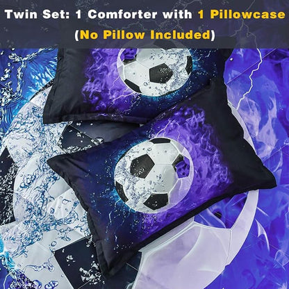 Andency Soccer Comforter Twin(66x90 Inch), 2 Pieces(1 Soccer Comforter, 1 Pillowcase) Blue Flame Soccer Comforter Set Sport Microfiber Bedding Set for Boy Girl Kids, Teen