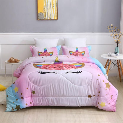 Unicorn Full Bedding Sets for Girls Kids Comforter Set Full Size with 2 Pillowcases Pink and Rainbow Unicorn Room Decor for Girls Bedroom Ultra Soft Machine Washable Toddler Bed Set