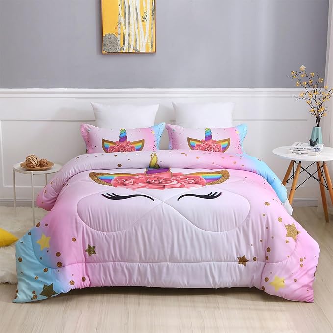 Kids Unicorn Bedding Set Twin Size for Girls, Pink Rainbow Girls Twin Comforter Set with 2 Pillowcases, Floral Kids Unicorn Bed Set Twin, Unicorn Room Decor for Girls Bedroom, All Season