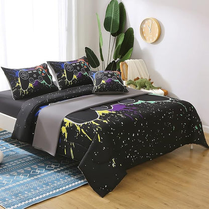 JQinHome Twin Gamer Comforter Sets for Boys&Girls ,6 Piece Bed in A Bag 3D Video Game Bedding -All Season Microfiber Gamer Bedding Sets for Kids, with Pillowcase, Flat & Fitted Sheet,Cushion Cover