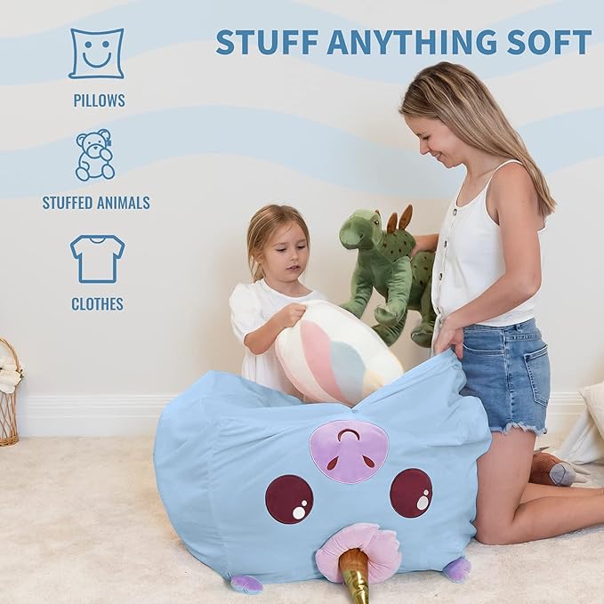 Aubliss Unicorn Stuffed Animal Storage Bean Bag Chair for Kids, Velvet Extra Soft Beanbag Chairs Cover, X-Large Stuffable Zipper Bean Bag for Organizing Plush Toys Girls Bedroom Decor, Blue